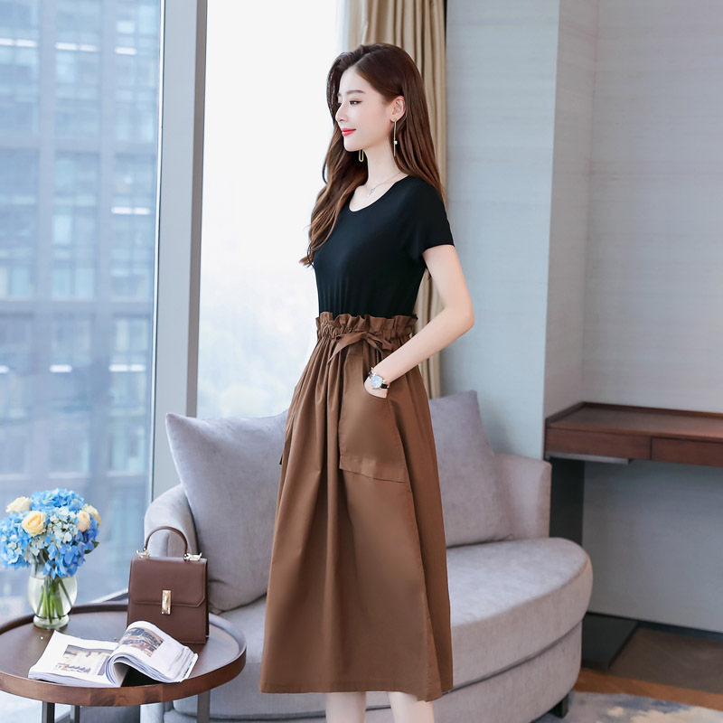 女士夏装新品女装高腰气质拼接连衣裙女中长款修身显瘦a字裙子潮