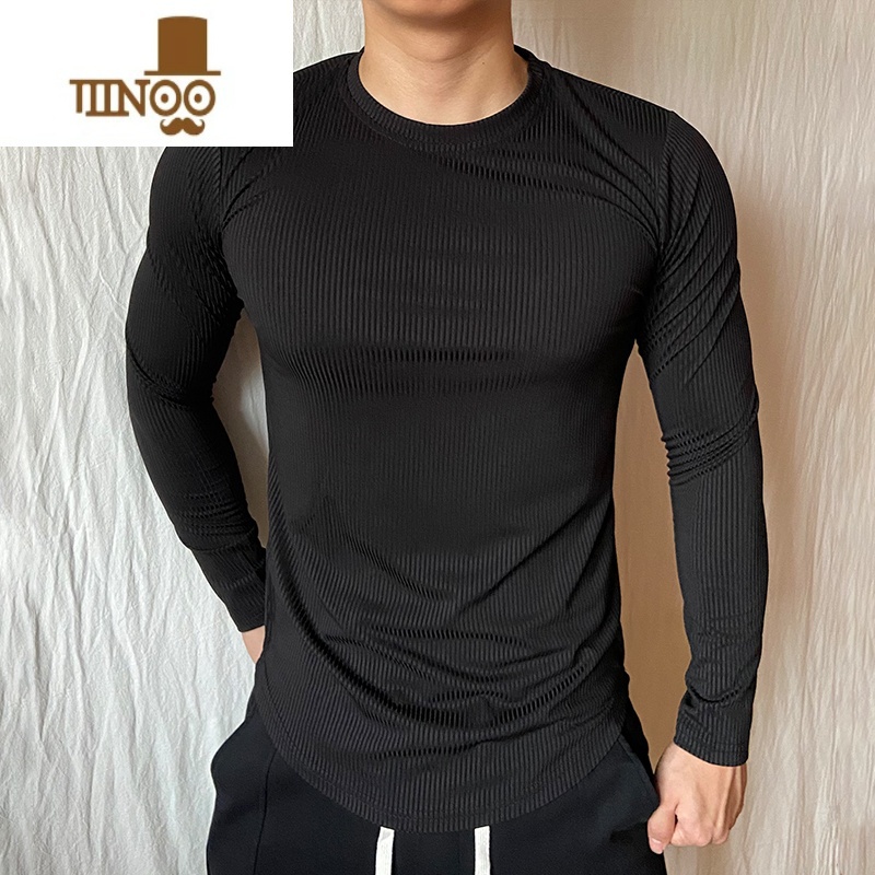 YANXU运动长袖T恤健身紧身衣修身高弹力条纹圆领休闲肌肉男打底衫内搭高清大图