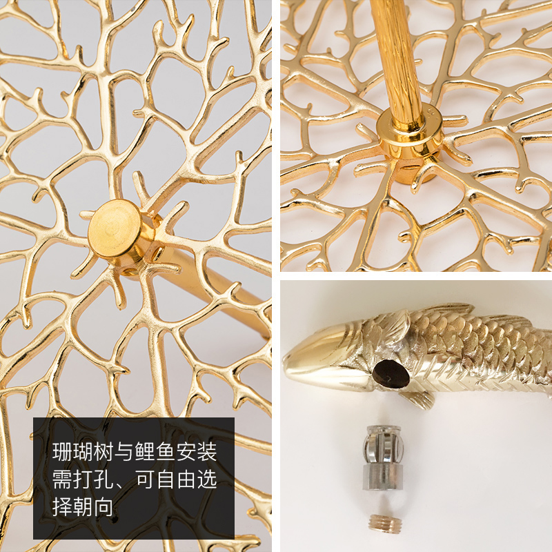 美式轻奢客厅玄关走廊过道背景墙面装饰珊瑚鲤鱼墙饰墙壁挂件 三维工匠 全铜荷叶壁挂-小号壁饰高清大图
