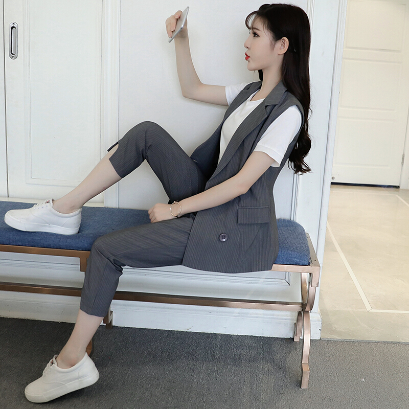 职业装套装女2018夏季时尚条纹西装马甲九分裤韩版休闲两件套灰色条纹