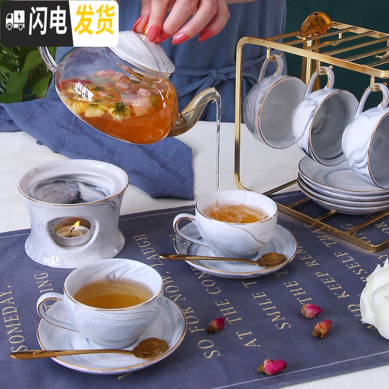 三维工匠欧式煮水果茶泡花茶杯蜡烛加热花茶壶套装英式下午茶茶具玻璃耐热 粉色-6杯6碟6匙+金架高清大图