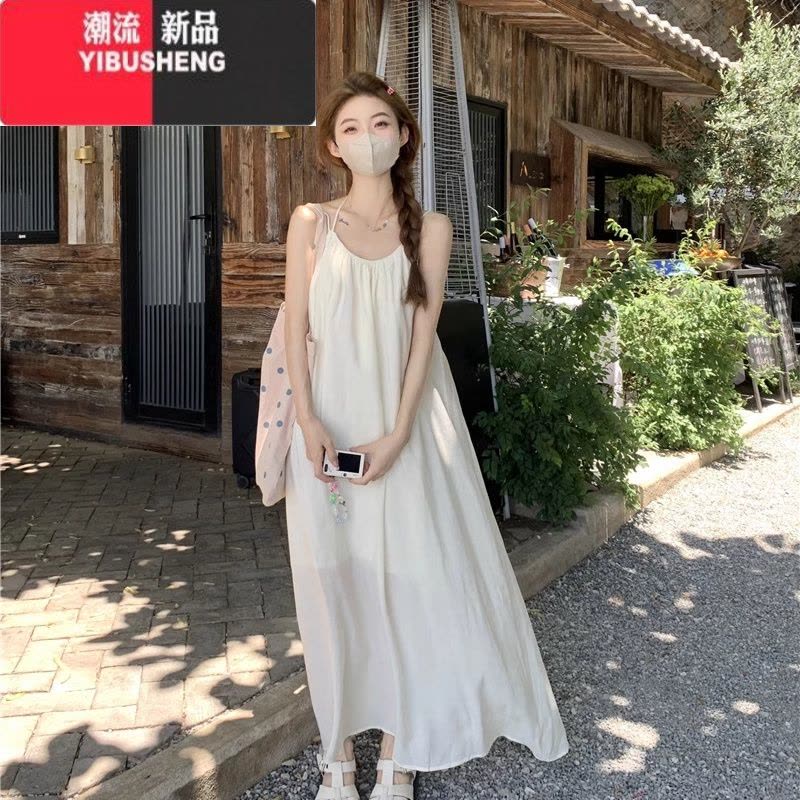 YIBUSHENG白色露背挂脖吊带连衣裙女泰国穿搭海边度假沙滩无袖长裙小个子图片