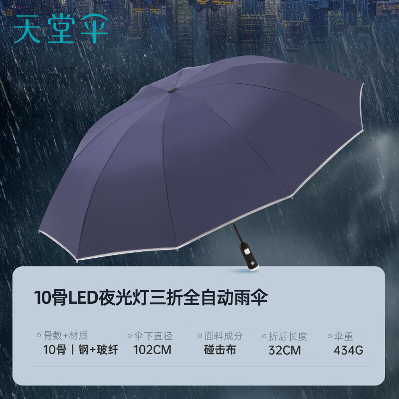 天堂伞全钢大号全自动三折商务抗风拒水晴雨两用58CM*10K 31140E光线