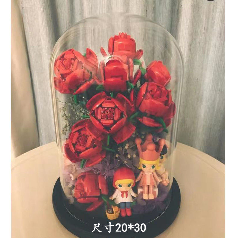 适用装乐高花束花瓶积木花玫瑰花玻璃罩永生花防尘罩配套装饰展示高清大图