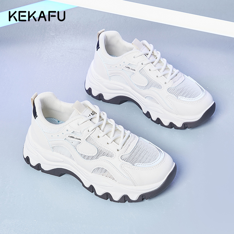 珂卡芙白色运动鞋女2023新款秋季厚底老爹鞋女款百搭轻便休闲鞋女