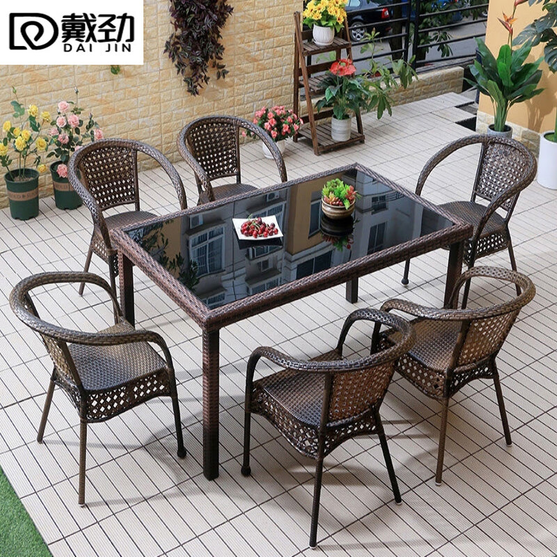 戴劲藤椅阳台桌椅室外庭院藤编椅子花园茶几藤椅组合6椅+90*150直角桌