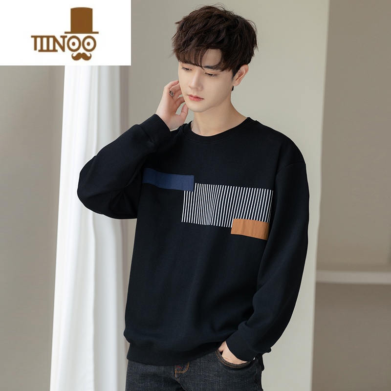 YANXU个性拼接圆领卫衣男2023新款简约休闲百搭青年无帽套头上衣 黑色 3XL180斤内