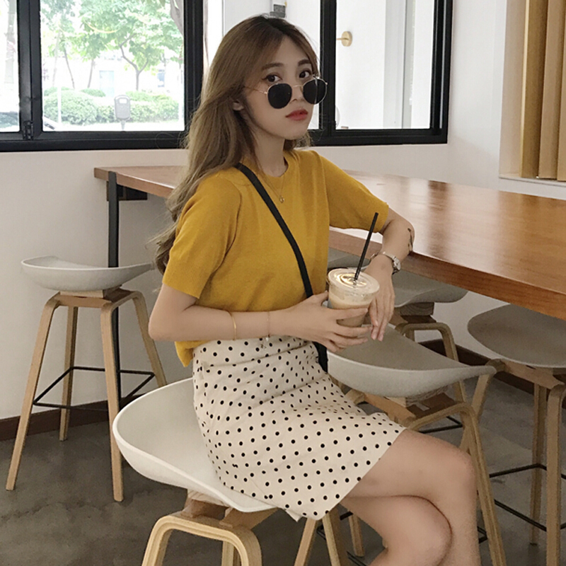 韩版时尚休闲套装夏季女装气质冰爽针织衫+波点包臀半身裙两件套