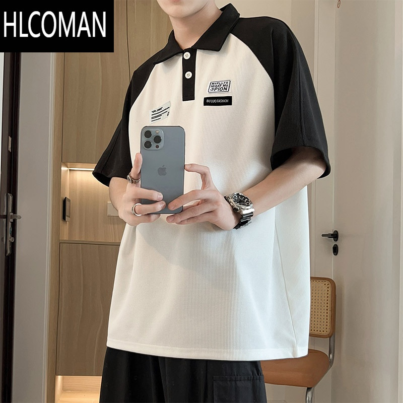 HLCOMAN夏季翻领拼色短袖polo衫男休闲百搭日系潮牌韩版潮流学生宽松T恤