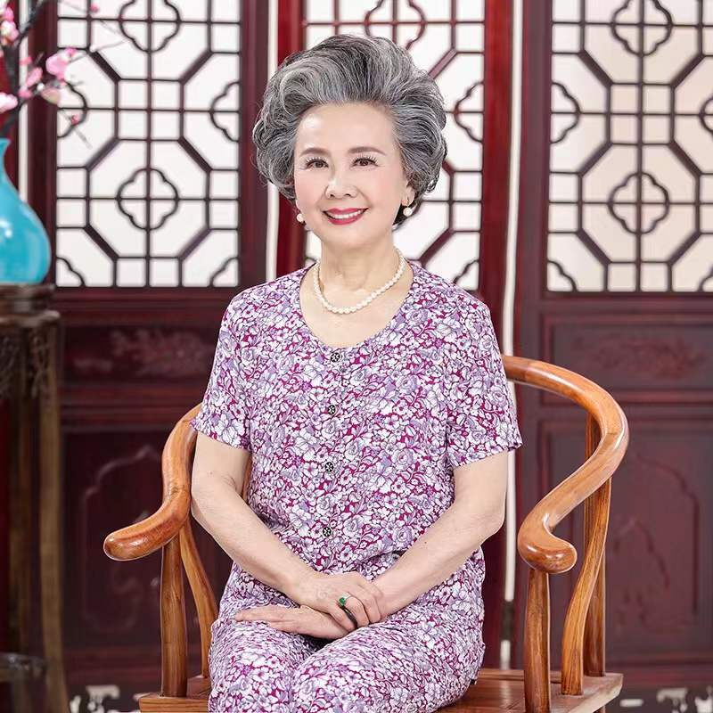 妈妈装夏装棉绸套装中老年人女装短袖开衫60岁70老太太绵绸奶奶装 莎丞