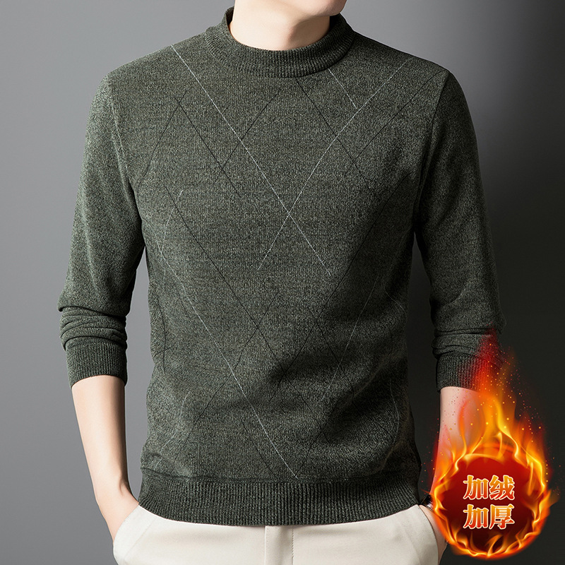 男式加绒上衣中年男士加厚打底衫圆领一体绒毛衣雪尼尔针织衫男装_241554 绿色 3XL