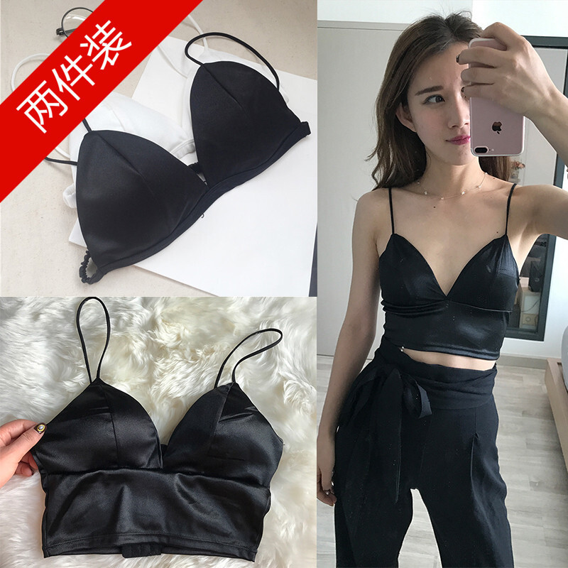 内衣女无钢圈胸罩短款小背心带胸垫性感拢带美背裹胸抹胸露肩2件短款白色均码