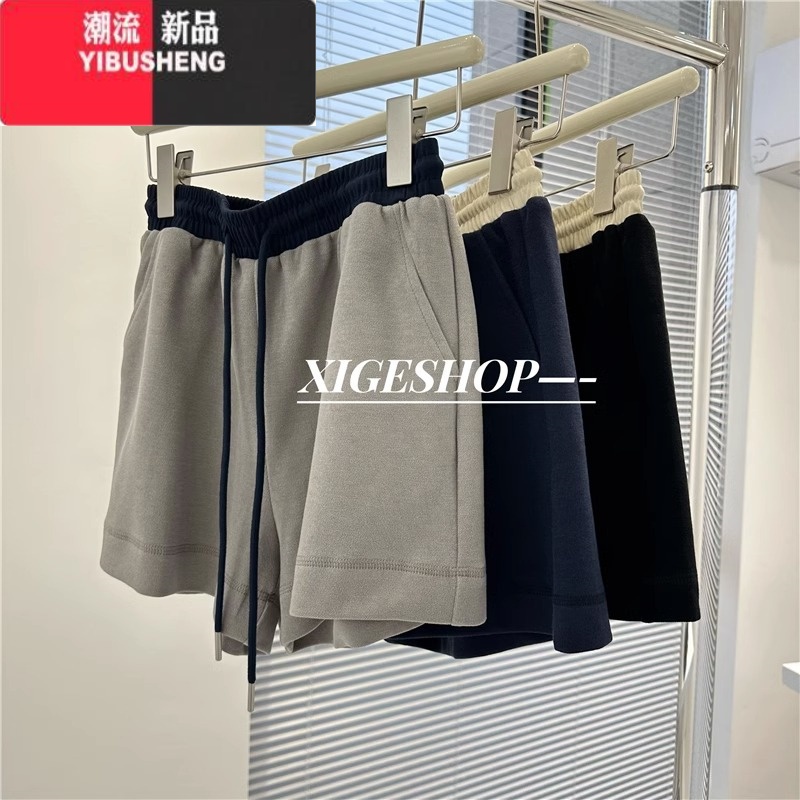 YIBUSHENG石灰色运动短裤女季撞色拼接腰头宽松百搭阔腿休闲裤健身热裤潮 灰色 XL
