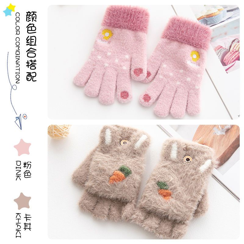 儿童手套冬季保暖女童可爱加绒加厚公主分指五指小学生写字少女孩视频