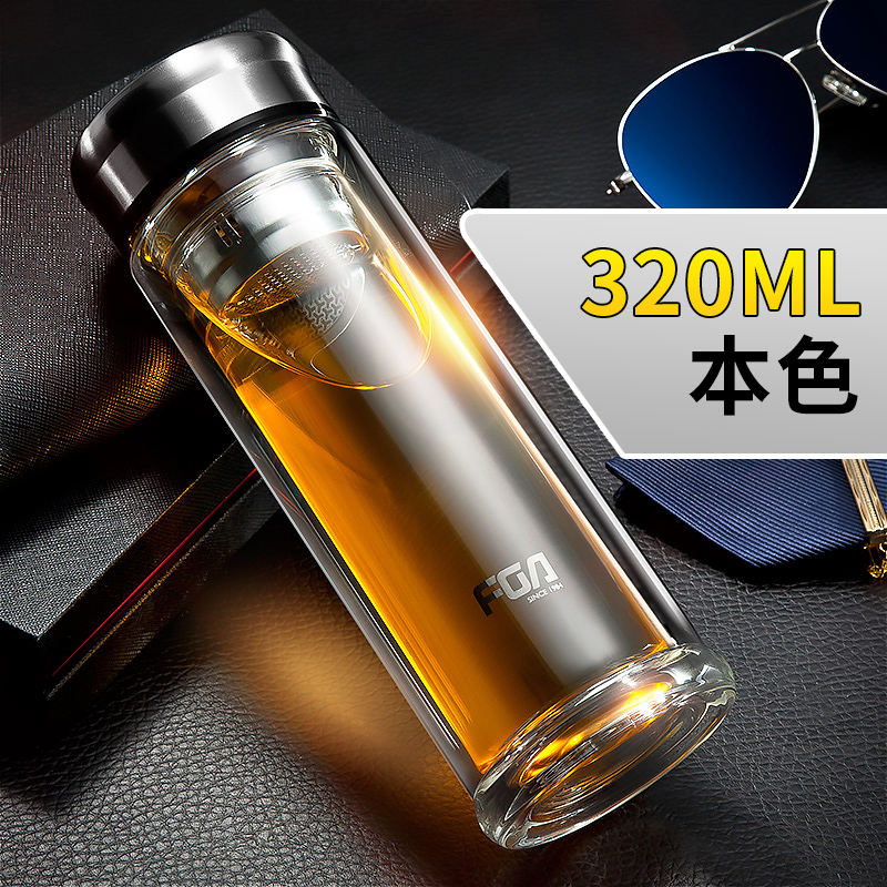 富光(FGA)双层家用带盖玻璃男女学生便携泡茶杯透明商务简约水杯子 不锈钢杯盖加厚底400ml黑色(收藏加购享优先发货)