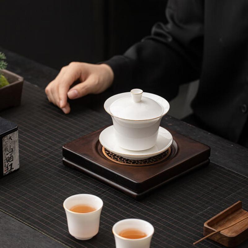 苏氏陶瓷(SUSHI CERAMICS) J1038 羊脂玉瓷 马蹄盖碗 描金小套装 130ml (单位:套)