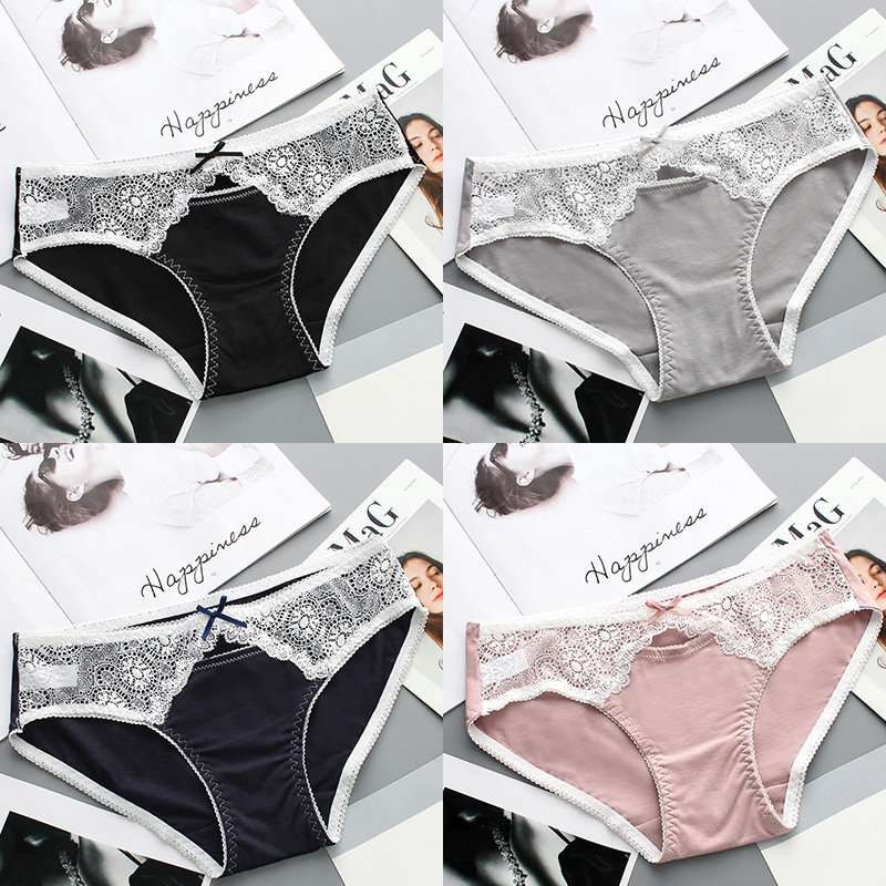 可莉允4条装性感内裤 女棉透气蕾丝低腰镂空大码学生少女士三角短裤头