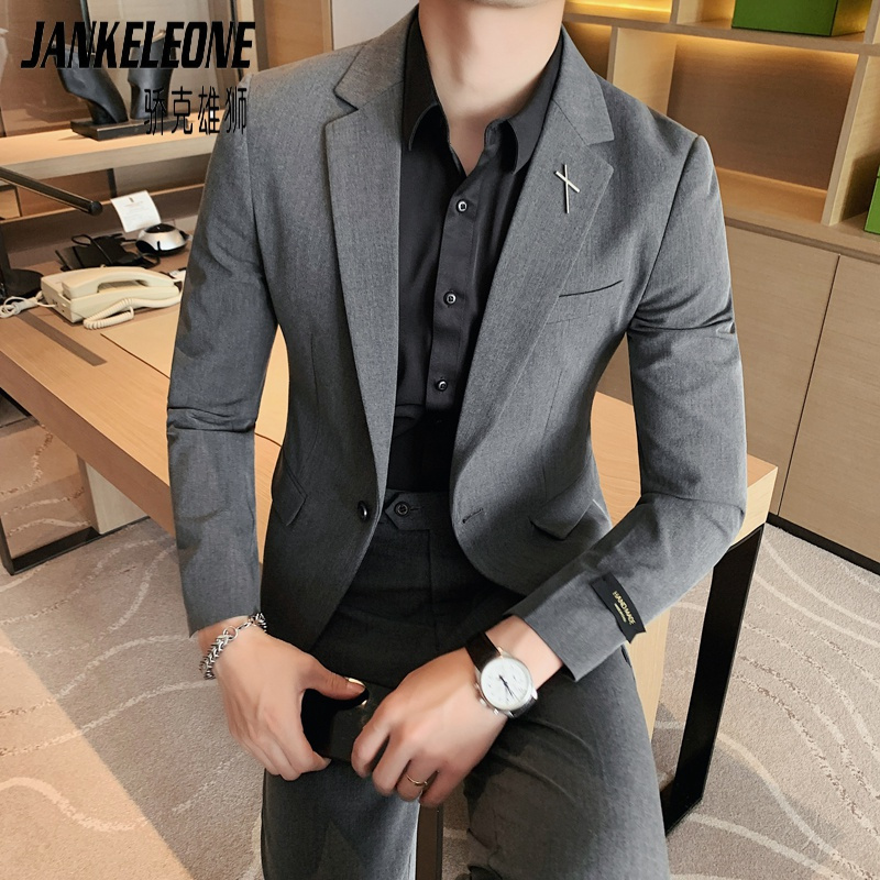 骄克雄狮西服套装男秋季新款休闲职业小西装潮中青年修身纯色礼服两件