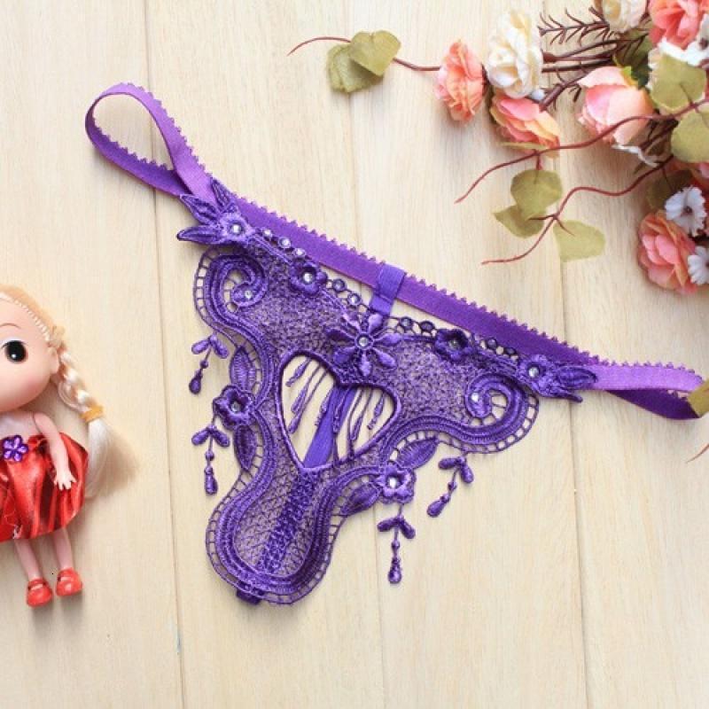 蕾丝蝴蝶结粘钻情趣内裤 女士透明真人诱惑c字裤性感丁字裤t裤