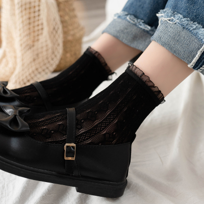 2双装可爱爱心洛丽塔袜子少女甜美花边蕾丝袜日系镂空短筒中筒袜黑色2