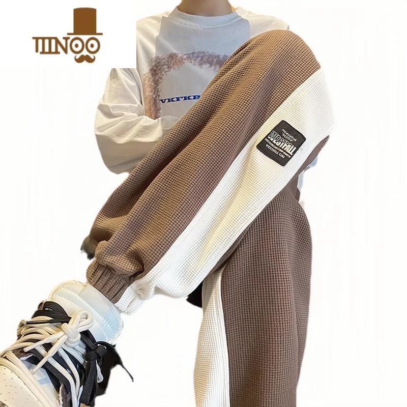 YANXU拼色华夫格裤子男宽松大码潮牌ins港风青少年束脚子脚X束高清大图