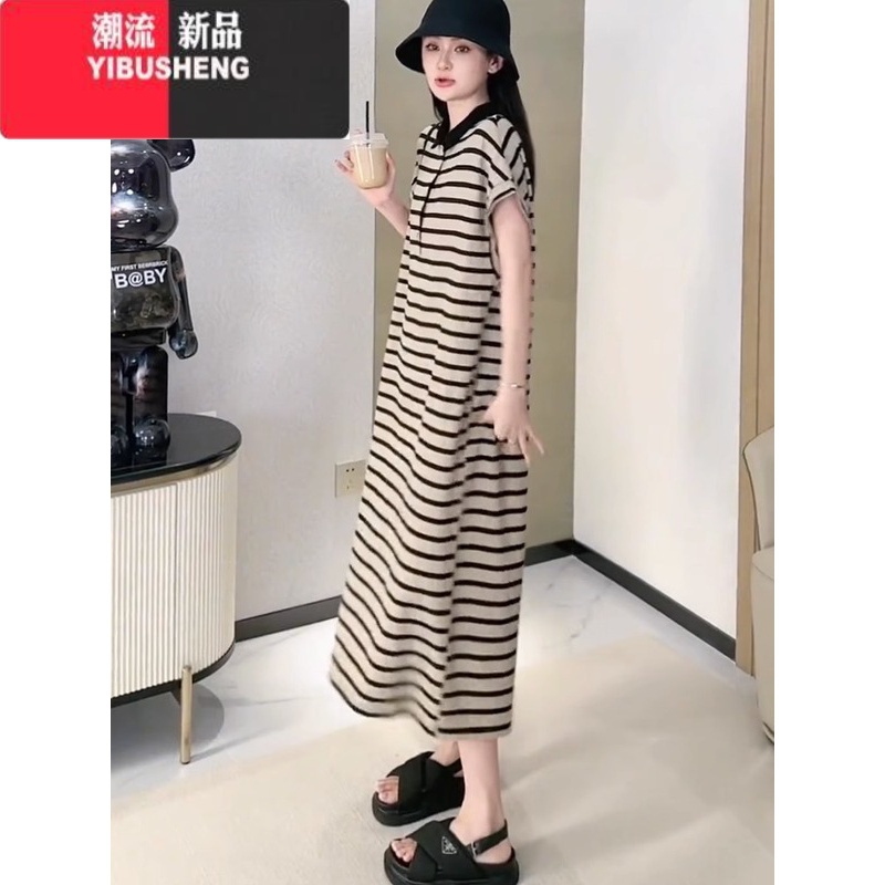 YIBUSHENG慵懒风宽松翻领条纹大版连衣裙女2024季时尚遮肉显瘦垂感中长裙高清大图
