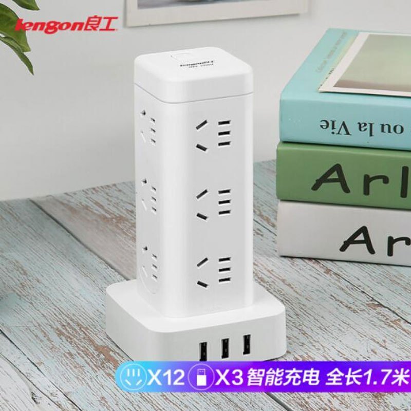 良工(lengon)U1012U 1.7米加粗电缆线 含USB接口 立式手提新国标插座 带儿童防触碰保护门插线板插排插座