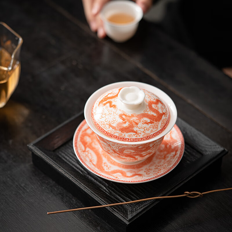 苏氏陶瓷(SUSHI CERAMICS) J0931 红九龙纹三才盖碗 160ml (单位:盒)高清大图