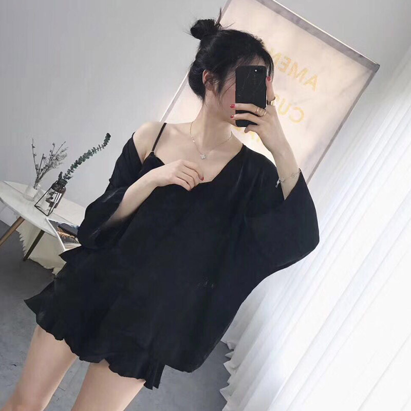 性感睡衣女士夏短袖三件套薄款年轻带丝可外穿学生家居服yy