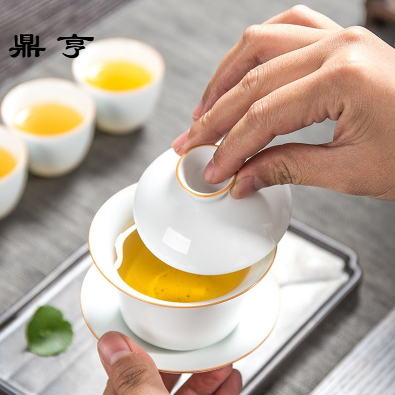 鼎亨甜白瓷盖碗薄胎三才盖碗茶杯大号景德镇白瓷功夫茶具套装陶瓷