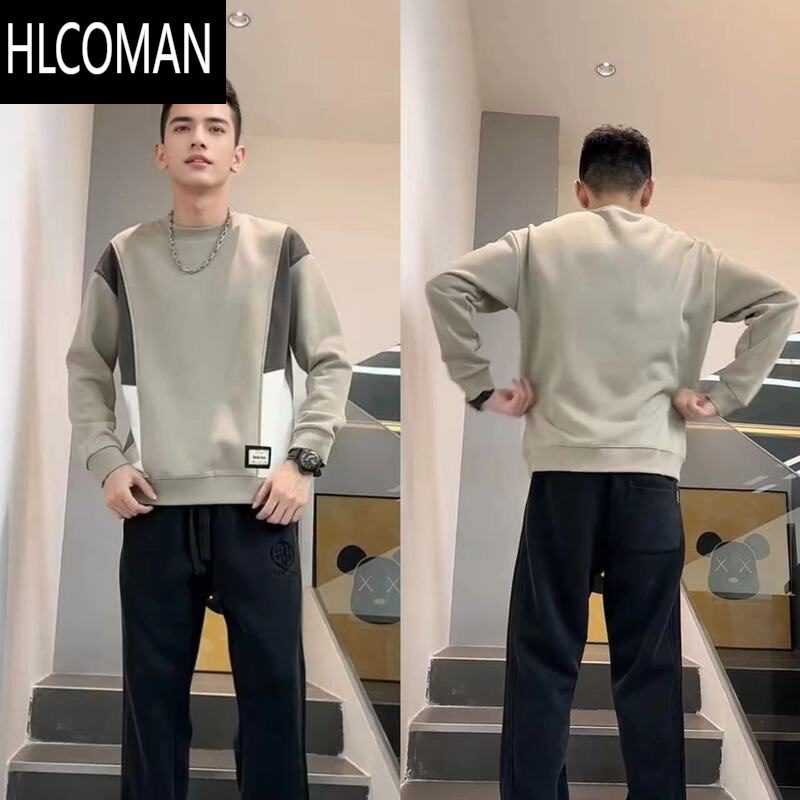 HLCOMAN男士时尚拼接撞色加绒卫衣男潮牌宽松小衫T恤男装上衣百搭