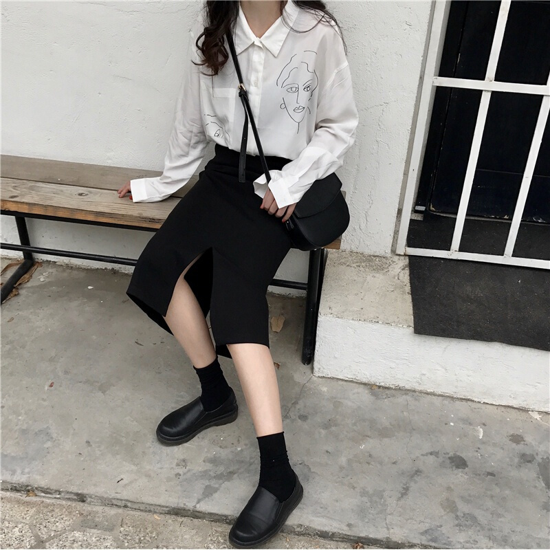 春季韩版百搭开叉A字半身裙女显瘦高腰包臀中长裙修身一步裙黑色