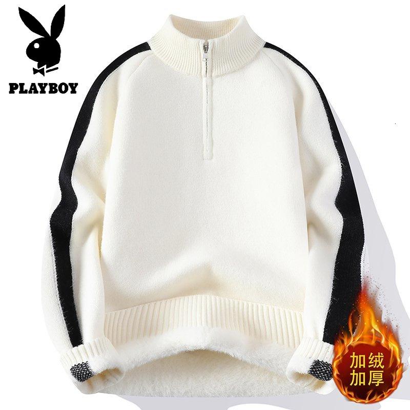 花花公子新款 2025冬半高拉链领针织毛衣男 白色 165