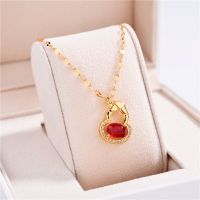 8957红宝石葫芦 钛钢项链简约玉石微镶葫芦锁骨链 女款民族风葫芦盒子链镀金首饰