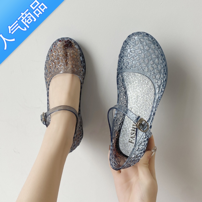 SUNTEK一字带凉鞋女夏季时尚外穿坡跟塑料水晶鞋防滑软底包头镂空洞洞鞋高清大图