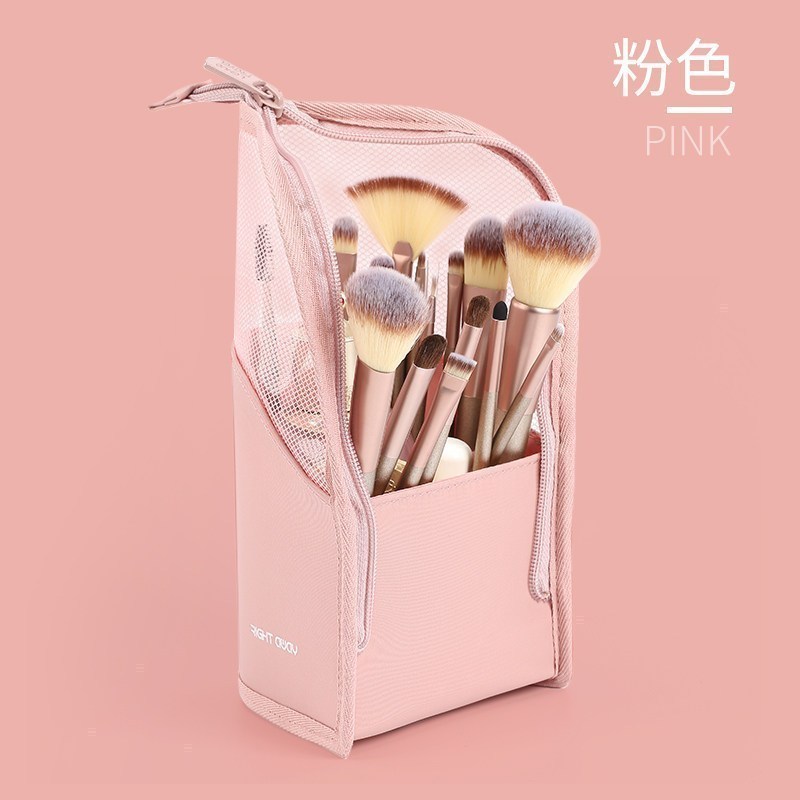 立式化妆刷收纳袋便携简约大容量化妆工具收纳透明防尘刷具包刷筒_2 粉色（空包）