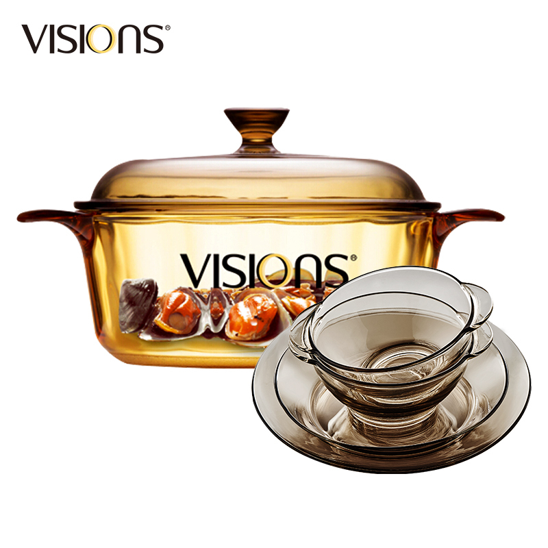 康宁(VISIONS) 1.25L晶彩玻璃锅+茶色餐盘4件组碗盘汤锅套装