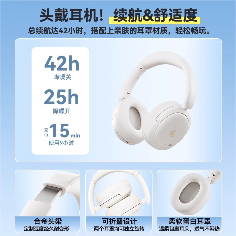 EDIFIER/漫步者Lark Pro头戴式蓝牙耳机820新款主动降噪金标无线超长续航 夜华黑