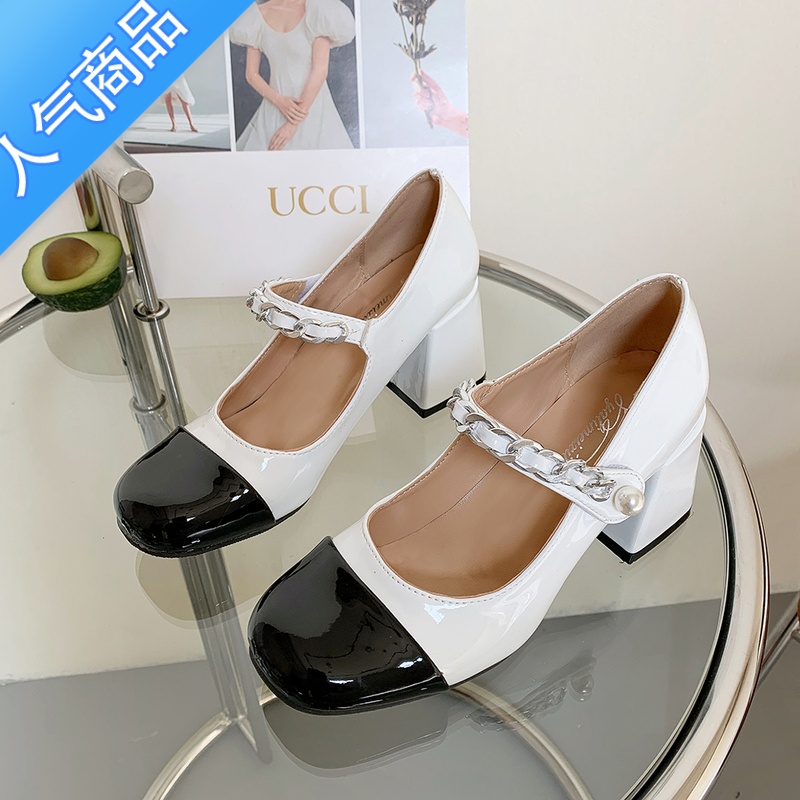 SUNTEK法式玛丽珍鞋女复古单鞋黑白鞋子气质高跟鞋珍珠小众链条白色皮鞋 白色链条款 38