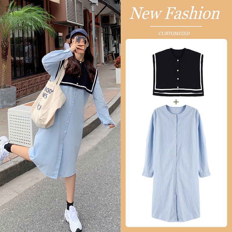 美动态大码女装2022春季新款胖mm学院风针织领披肩长款衬衫连衣裙