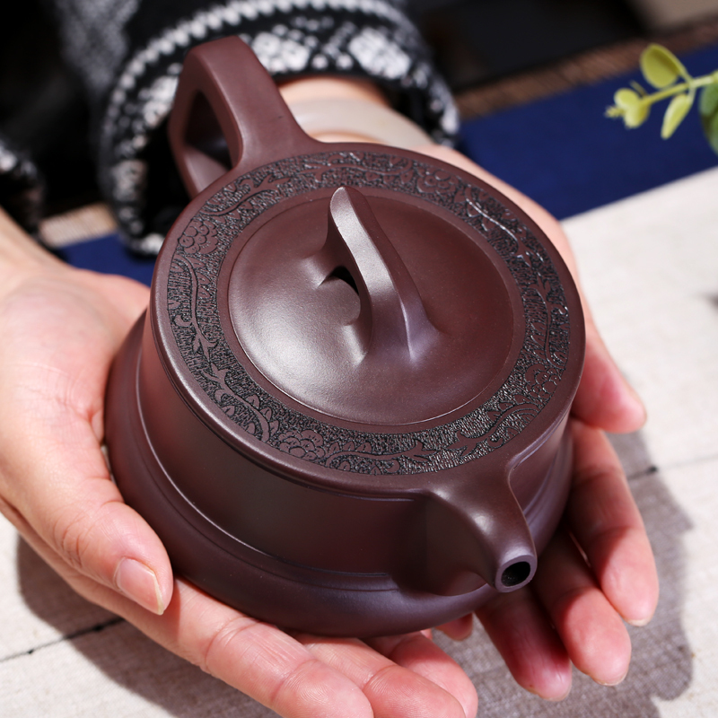 原矿珍藏老紫泥 朱泥吉祥富贵纯全手工紫砂壶套装大师孔祥生 镂空雕花 礼盒套装