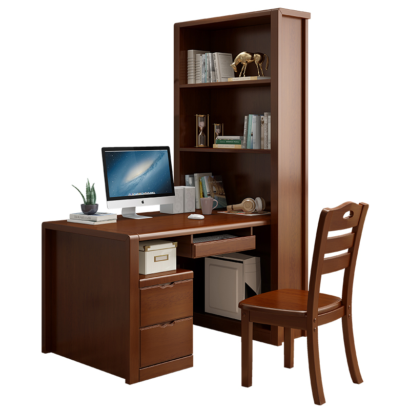 唐臻实木书桌书架书柜组合一体办公电脑学习桌现代简约中式家用写字台