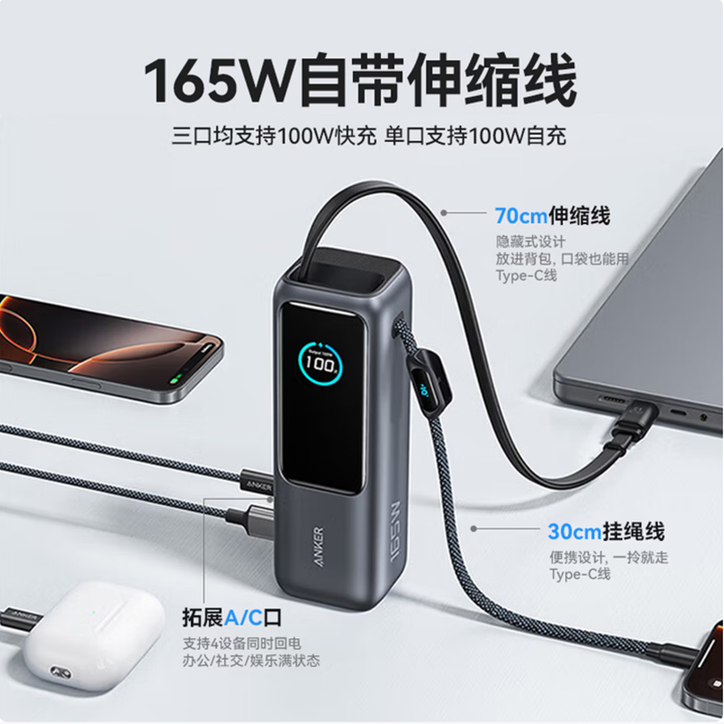 ANKER安克移动电源A1695 锖色 165W|25000mAh 70cm伸缩线+30cm挂绳线 四口同充