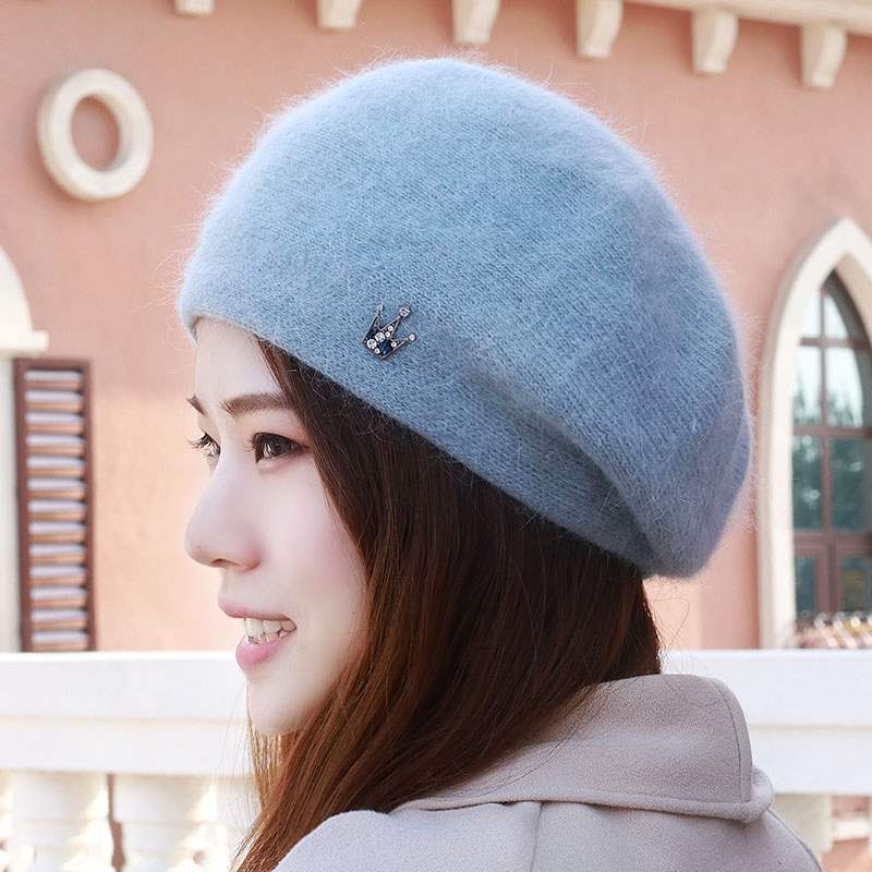 冬季帽子女时尚贝雷帽韩版画家帽保暖可爱兔毛针织毛线帽中老年帽