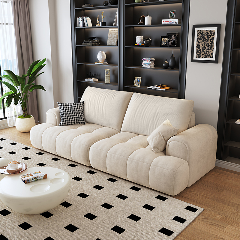 暖白色奶油风猫抓布艺沙发大小户型家用客厅现代简约泡芙直排沙发高清大图