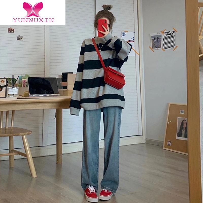 YUNWUXIN条纹卫衣女2022年新款薄款美式复古早初秋季chic长袖上衣韩版