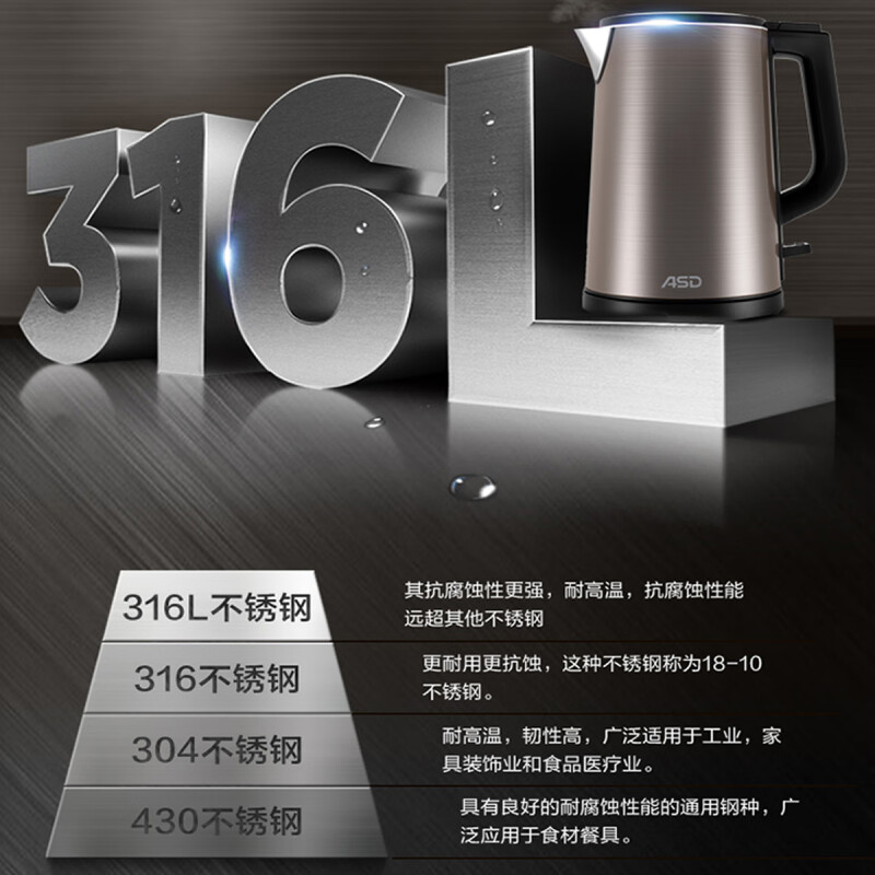 爱仕达(ASD) AW-S15G302 不锈钢无缝内胆电热水壶 家用办公室烧水壶高清大图