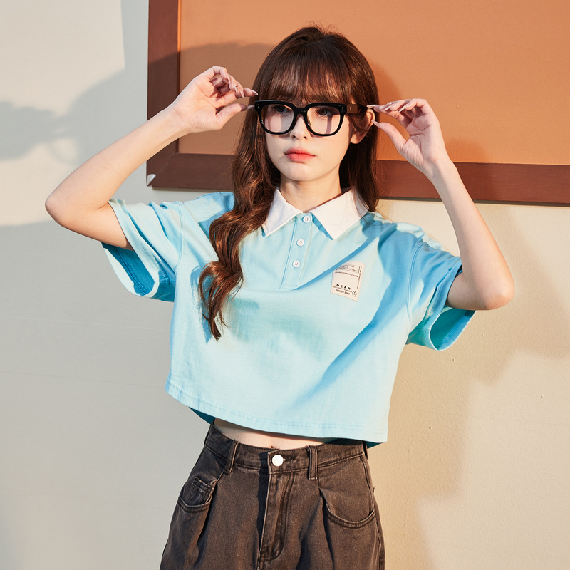 唐狮新款短袖polo衫女短款上衣t恤2024夏季宽松洋气减龄打底_507627 L 月蓝
