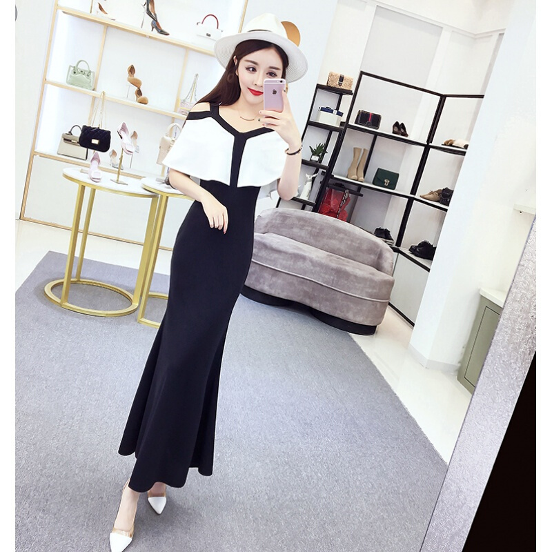 连衣裙女夏2018新款时尚修身收腰显瘦长裙仙复古露肩晚礼服带裙白拼黑