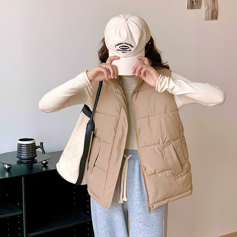 2023春秋季新款短款羽绒棉马甲女士外搭宽松韩版外穿马夹背心外套 卡其 XL
